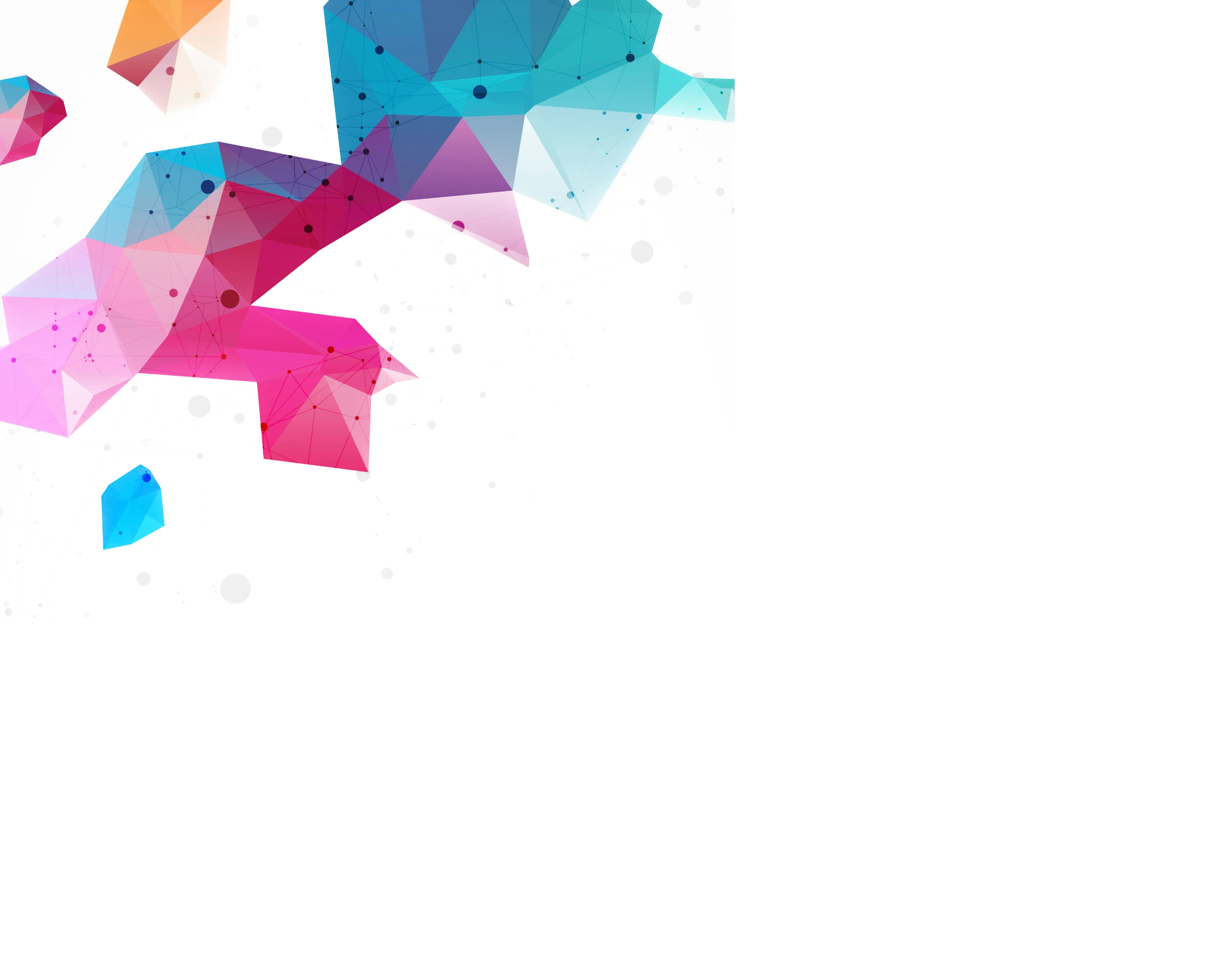 Abstract graphic of interconnected polygons and dots forming complex geometric shapes in bright pink, blue, and orange on a white background.