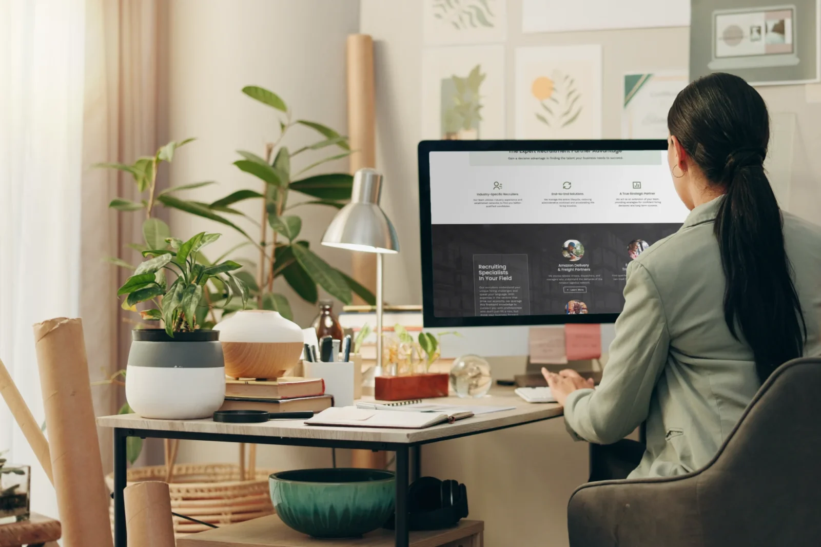 A woman with dark hair sits at a bright, modern desk adorned with plants, working intently on a computer screen displaying a recruiting service website.