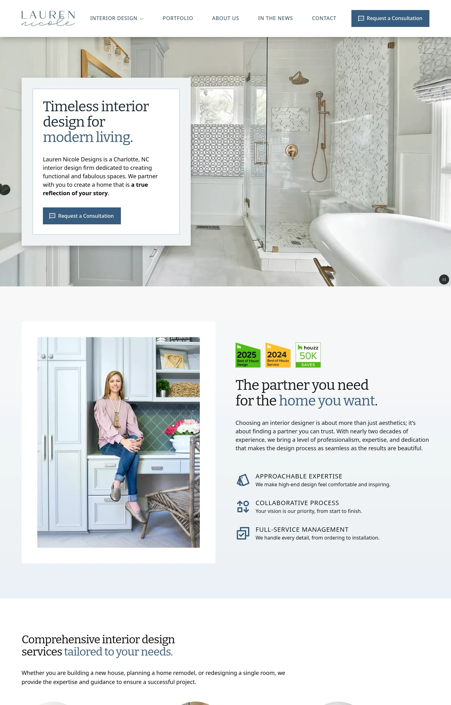 A website showing a modern bathroom with gold fixtures, paired with a photo of the smiling interior designer sitting on custom gray cabinets.