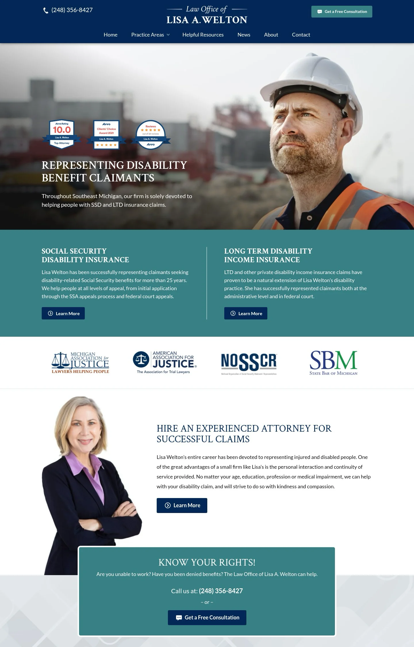 A screenshot of the Law Office of Lisa A. Welton website, featuring a construction worker in a hard hat, disability practice areas, and a portrait of the attorney.