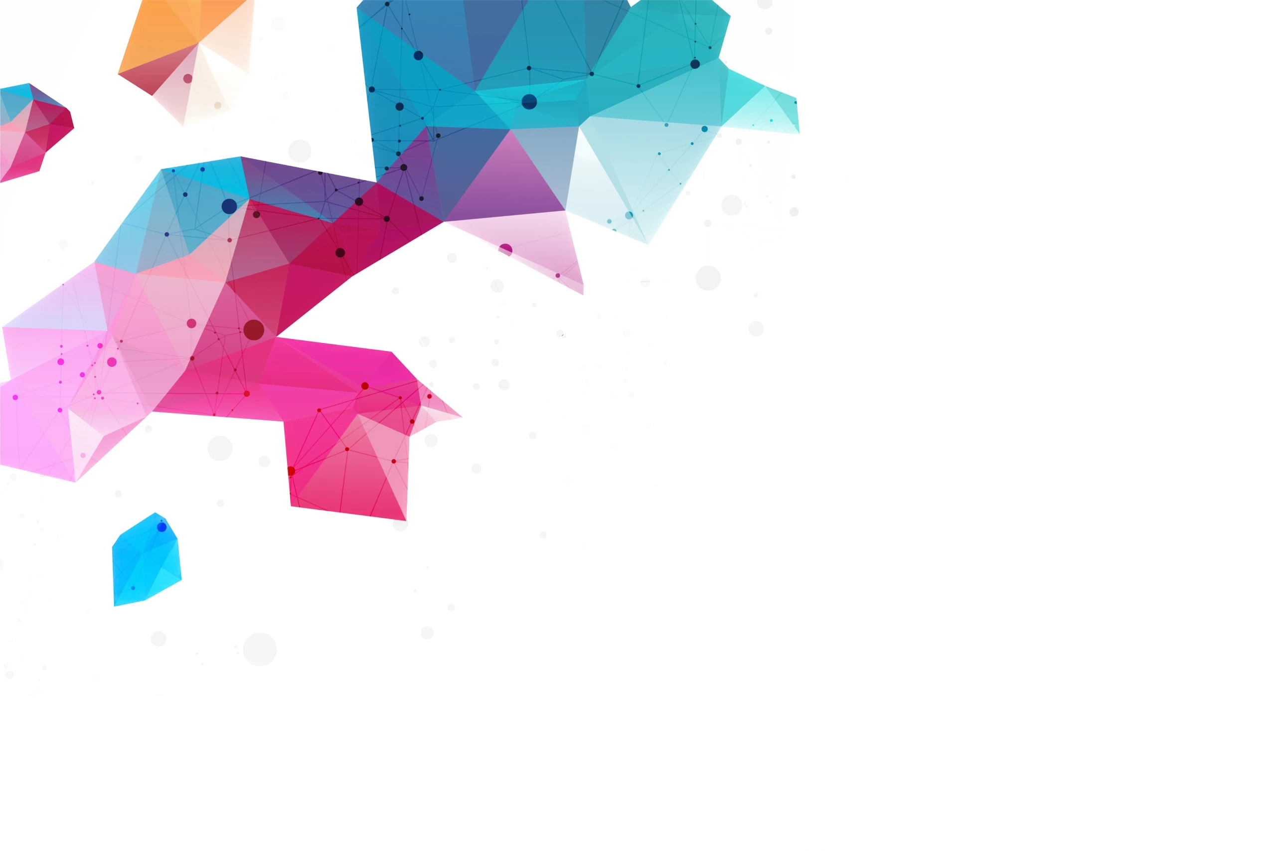 An abstract background graphic featuring colorful geometric polygonal shapes in shades of blue, magenta, and orange, connected by a networked pattern of lines and dots.